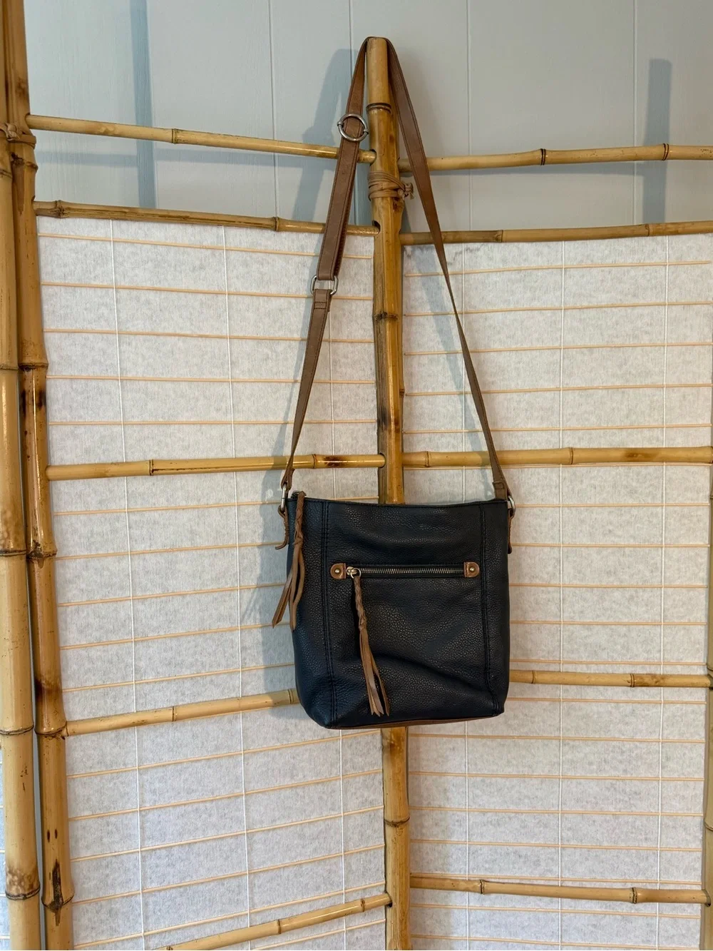 The Sak Navy Crossbody Bag with Brown Strap